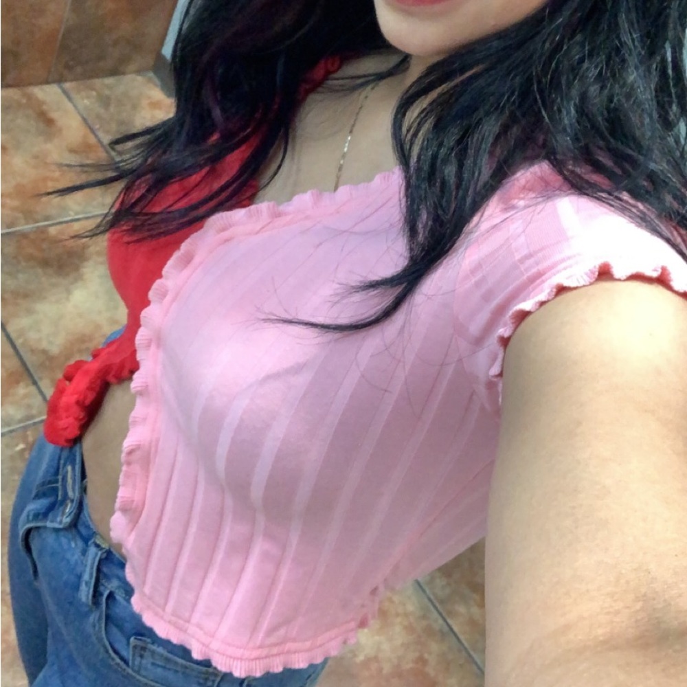 Small pink and red button down shirt